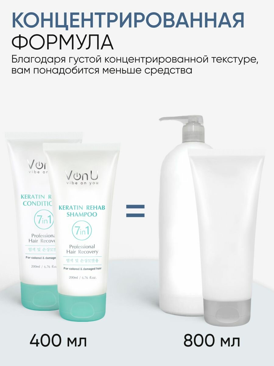 Von-U Подарочный набор для окрашенных и поврежденных волос Корея / Шампунь 200 мл + Кондиционер 200 мл Keratin Rehab — фото 1