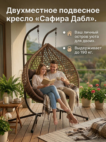 Изображение товара Двухместное подвесное кресло-кокон качели из искусственного ротанга со стойкой Сафира Дабл (Safira Double), коричневое