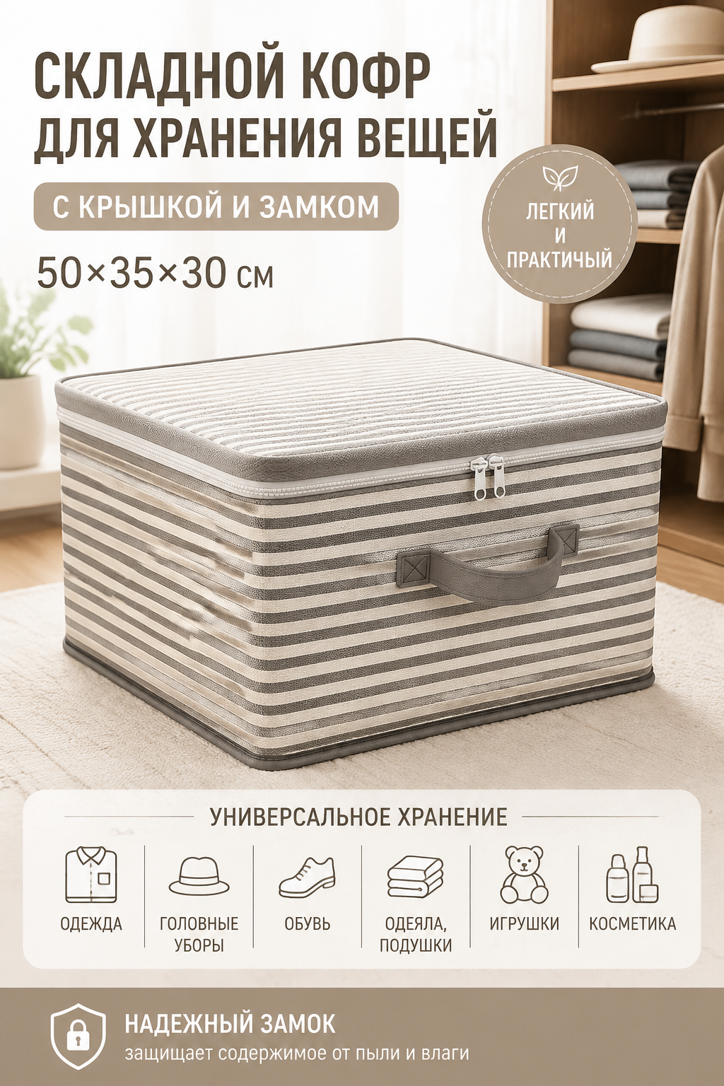 Складной кофр для хранения вещей 50×35×30 см с крышкой на молнии и замком