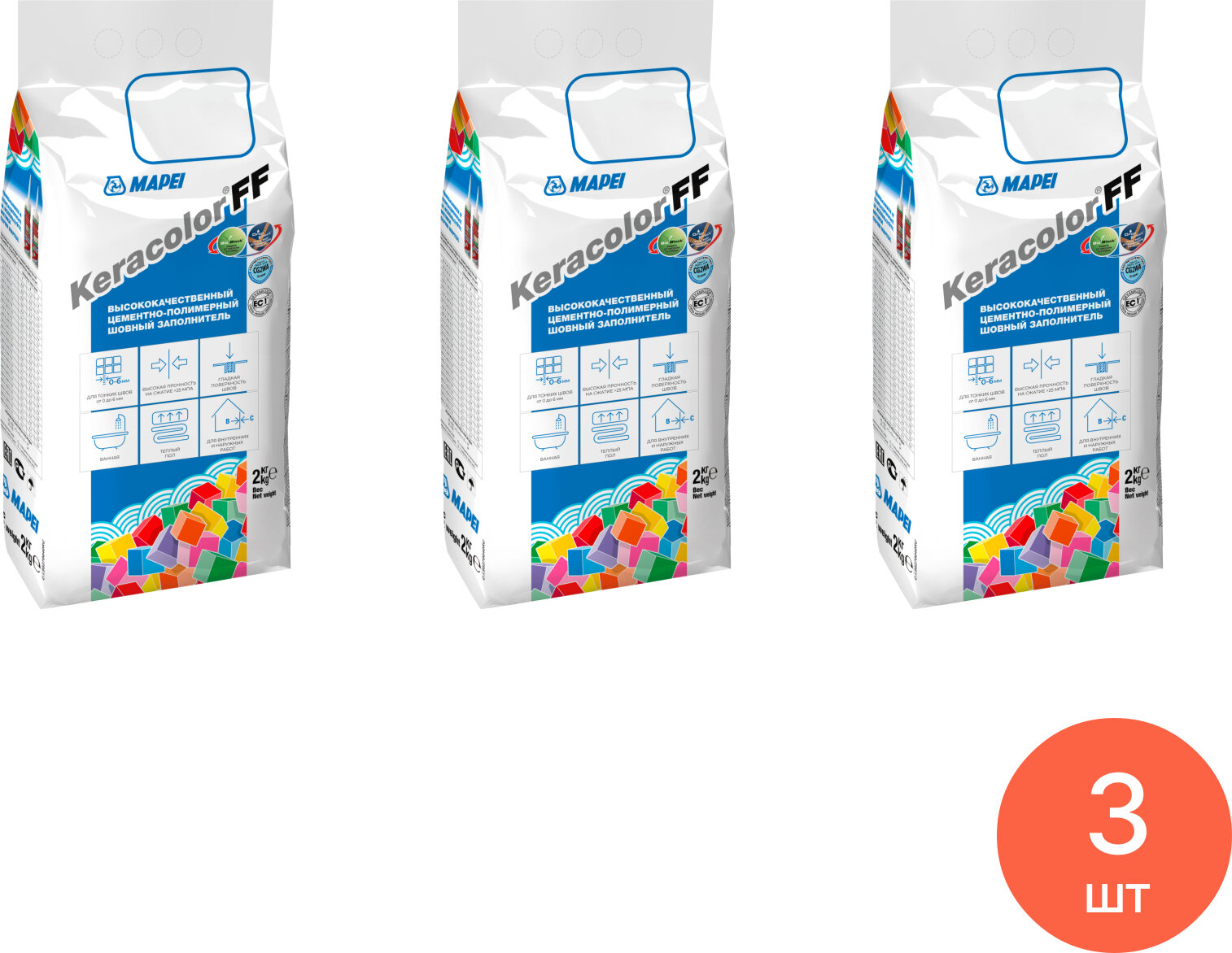 Затирка Mapei / Мапей Keracolor FF для плиточных швов сухая водоотталкивающая цементно-полимерная цвет №130 жасмин 2кг / строительные смеси (комплект из 3 шт)