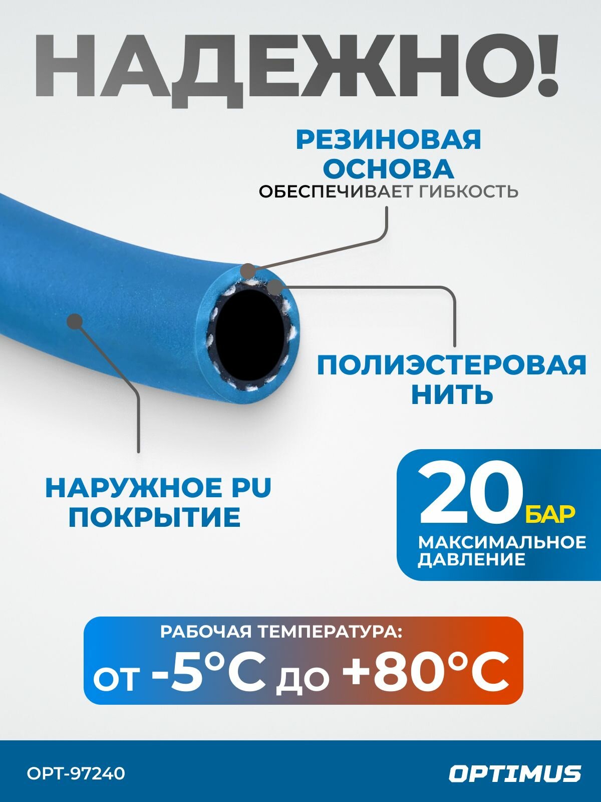 Шланг пневматический армированный PVC на катушке (15 м; 8х12 мм; 20 бар; 1/4") OPT-97240 — фото 1