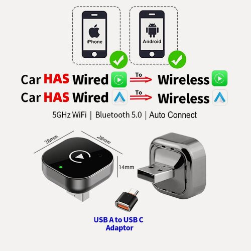 Изображение товара EKIY EC14 Mini Carplay Android Auto Проводной к беспроводному автомобильному адаптеру для воспроизведения Smart Ai Box Bluetooth WiFi Spotify Connect, EC14-DD, Ship in 24Hours