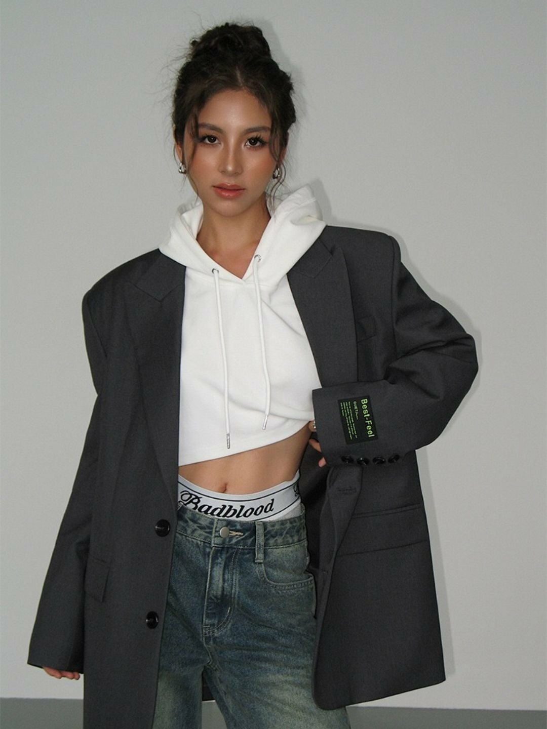 Пиджак  Женский пиджак, оверсайз, удлиненный жакет, блейзер, 2 цвета, размер S, серый — фото 1