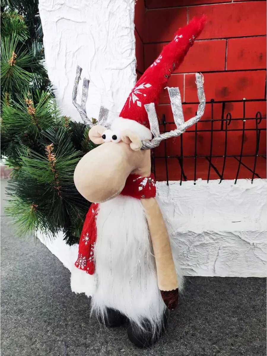 Олень рождественский со светящимися рогами в красном колпаке с шарфом, 17*13*53 — фото 1