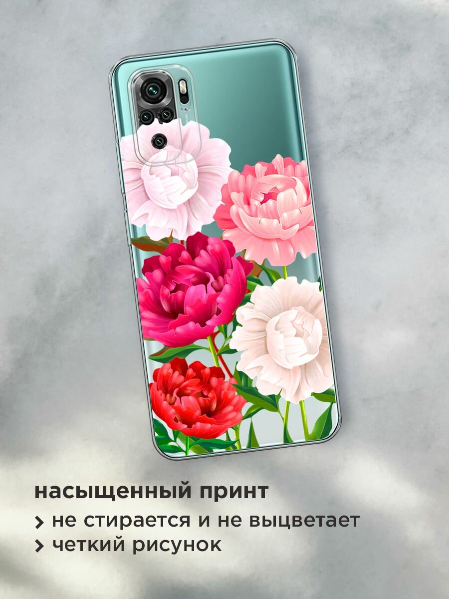 Чехол на Xiaomi Redmi Note 10/Note 10S/Poco M5s / Сяоми Редми Нот 10/Нот 10S с принтом "Большие пионы", прозрачный — фото 1