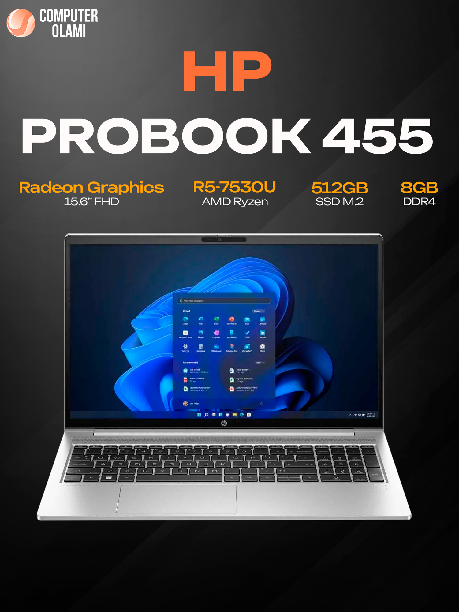 Ноутбук HP ProBook 455 G10, AMD Ryzen 5-7530U, 8/512 ГБ, 15.6" FHD, клавиатура