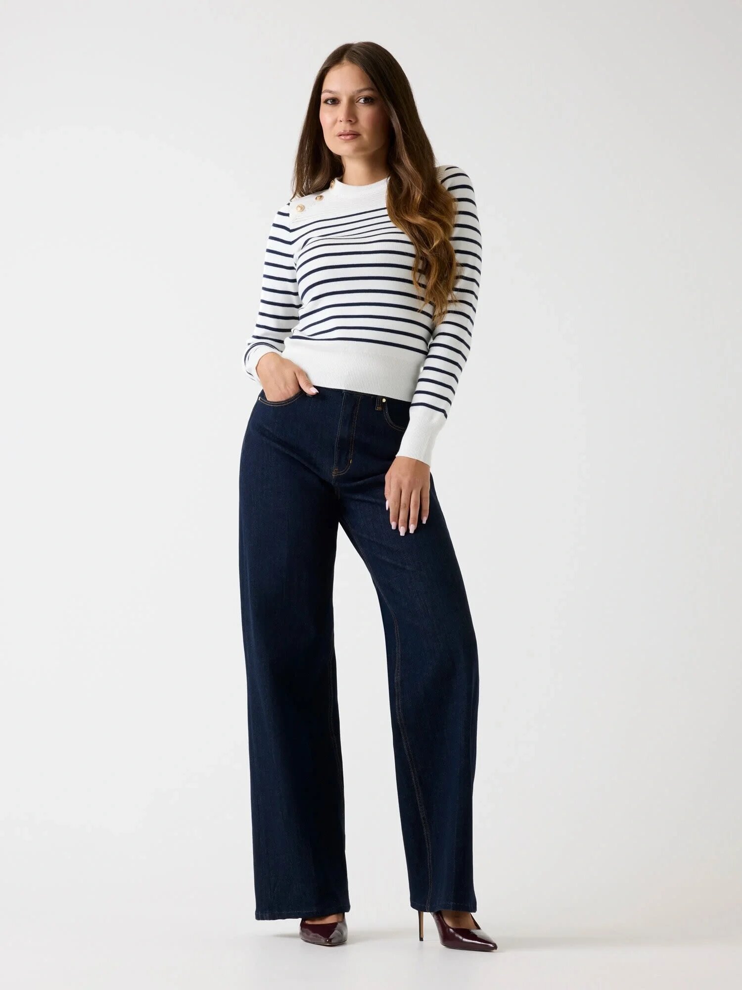 Джемпер GUESS LS CN HELEN SWTR, размер L, кремовый/синий — фото 1