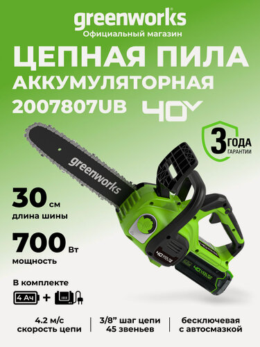 Изображение товара Цепная пила аккумуляторная Greenworks 40V, 30 см, АКБ 4Ач и ЗУ