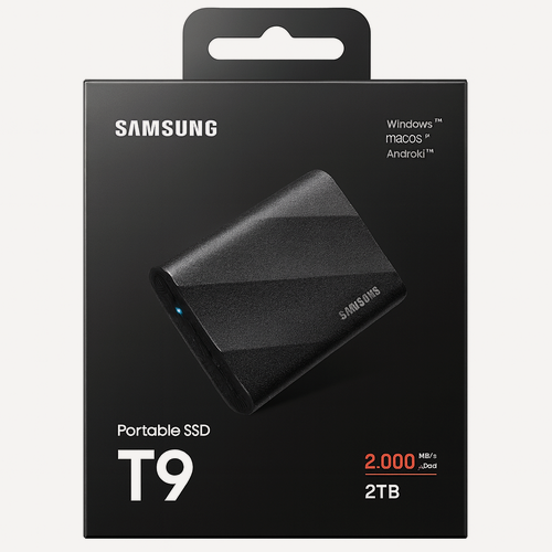 Изображение товара Внешний SSD Samsung T9 2 ТБ – скорость до 2000 МБ/с, интерфейс USB 3.2 Gen 2x2, компактный и прочный корпус