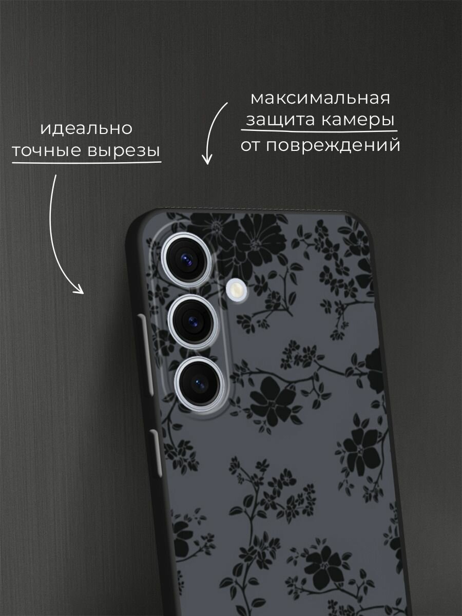 Черный матовый чехол на Samsung Galaxy S24 FE 5G / Самсунг S24 FE с принтом Черные цветы на сером — фото 1