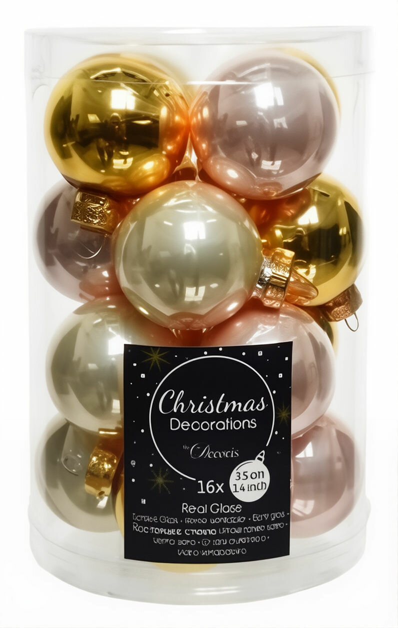 Набор стеклянных шаров Коллекция утончённое кокетство, глянцевые и эмаль, 35 мм, 16 шт, Winter Deco 1001423