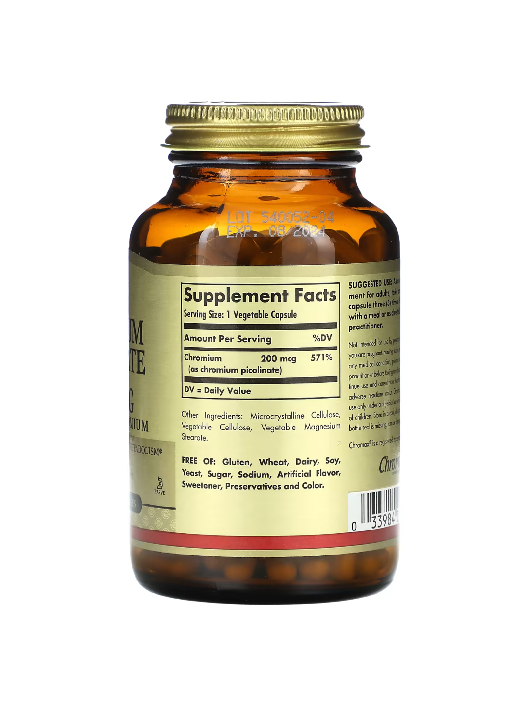 Пиколинат хрома SOLGAR, для контроля уровня сахара, метаболизм углеводов, капсулы, 90 шт — фото 1