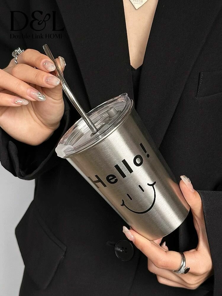 Стакан "Hello", нержавеющая сталь, 500 мл, с крышкой и трубочкой — фото 1