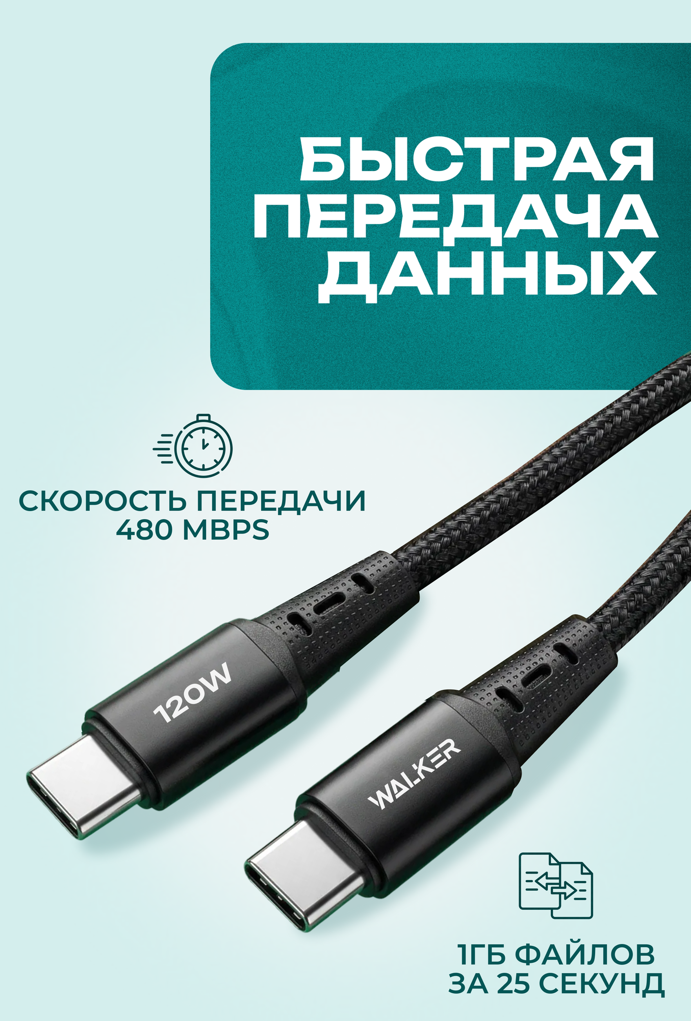 Кабель 0,2 метра, 120Вт, нейлон, Type-C-Type-С, зарядка для телефона, айфона, черный, быстрая зарядка — фото 1
