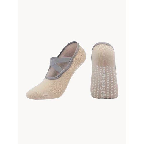 Носки противоскользящие для йоги фитнеса и пилатеса. Бежевые с лямками