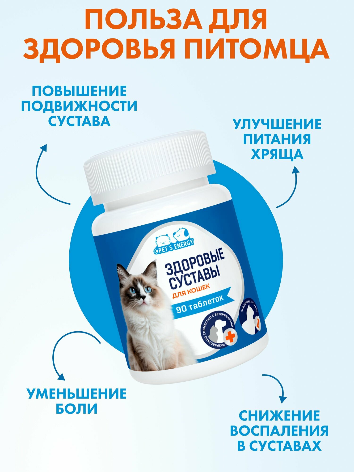 Хондропротектор для кошек, для суставов, лакомства, 90 таб. Хондроитин глюкозамин МСМ. Кормовая добавка — фото 1