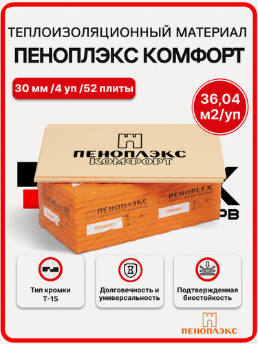 Изображение товара Пеноплекс Комфорт 30 мм ( 4 уп / 36,04 м2 / 52 плиты) Утеплитель из пенополистирола для стен, крыши, пола