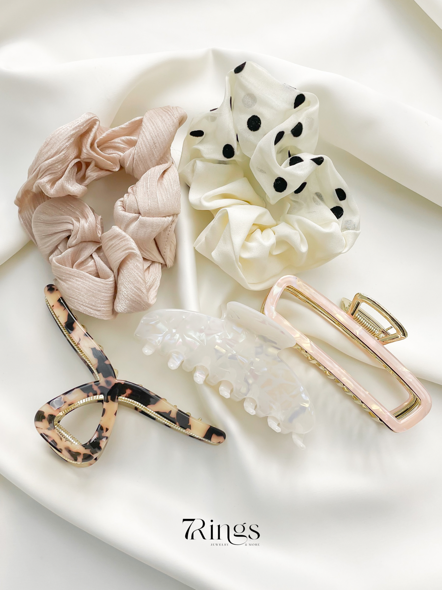 Сет из крабиков и резинок, крабик белый розовый и леопард, резинки розовый и в горошек