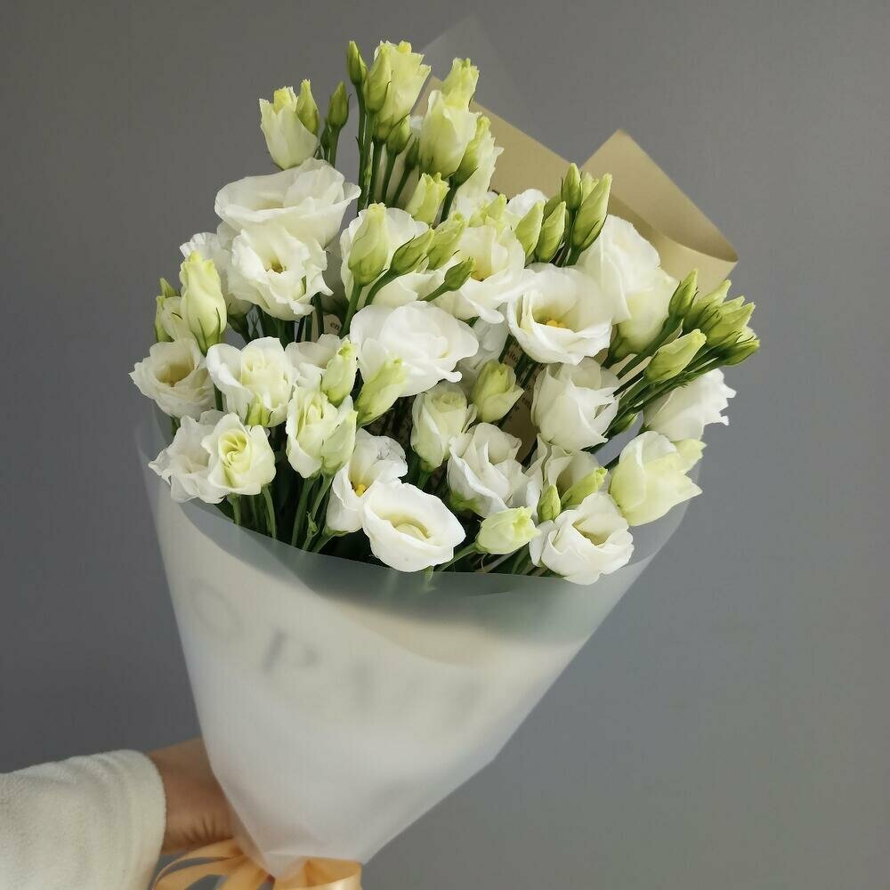 Букет цветов из белой эустомы лизиантусы 5 веточек монобукет в упаковке