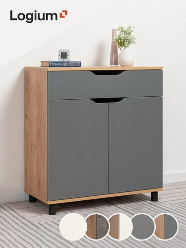 Изображение товара Комод для вещей с ящиком и дверцами, 80х75х35 см, Рокс 13.296 Дуб Золотой CRAFT, Серый графит, LOGIUM, для прихожей