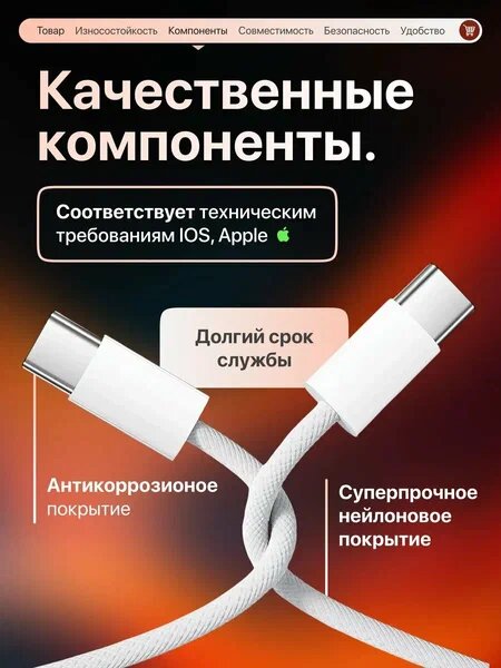 Провод Type-C - Type-C 60 W 1 метр Белый быстрая зарядка для iPhone 15,16, 17, Samsung, Xiaomi и других устройств — фото 1