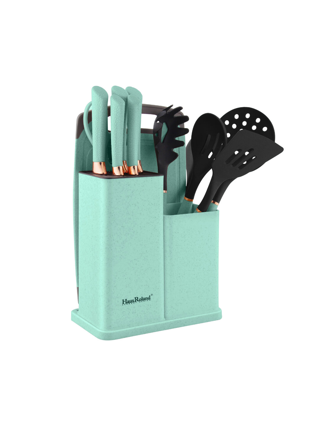 Набор кухонных принадлежностей HausRoland 13 предметов с подставкой - Бирюзовый