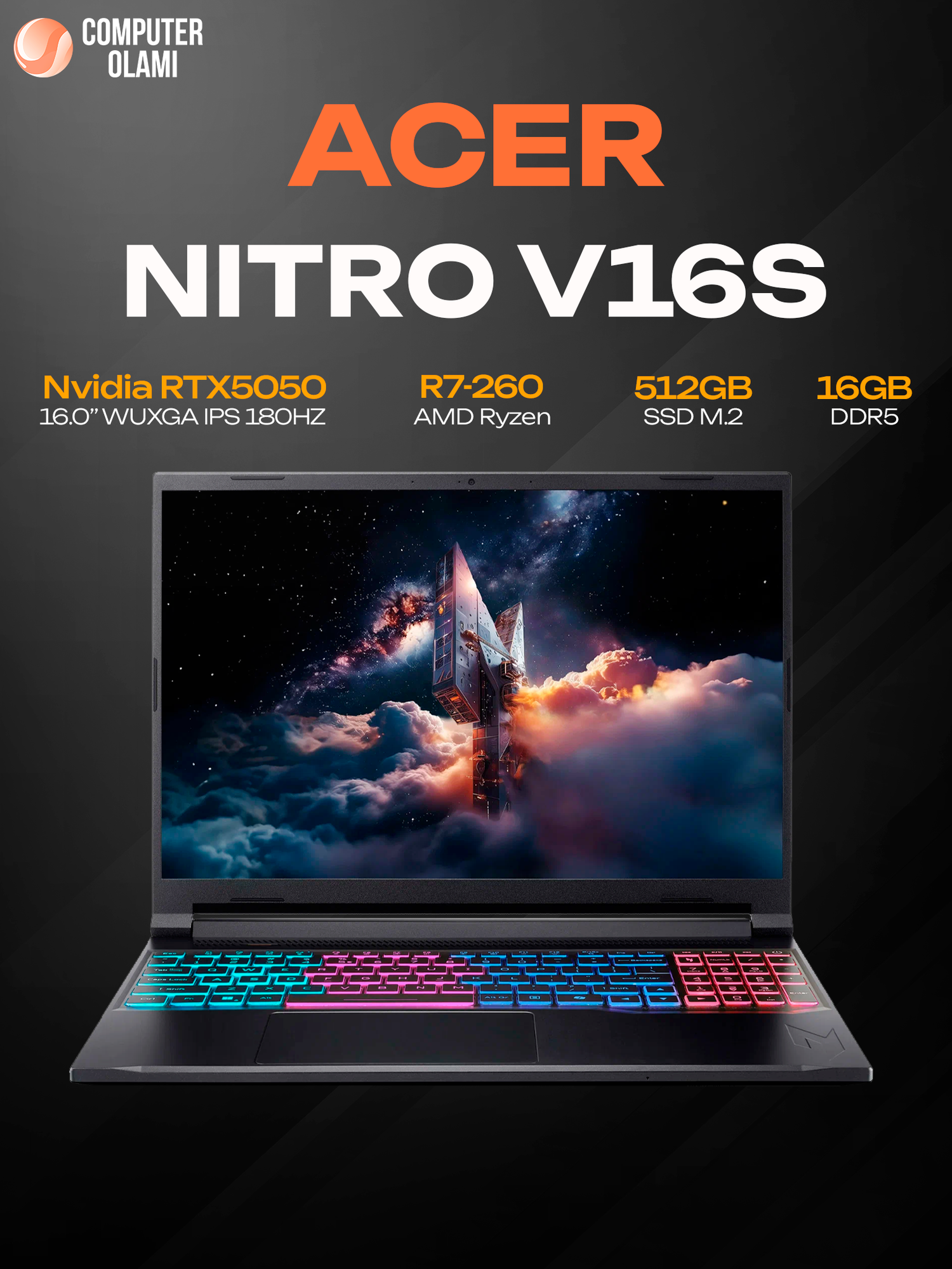 ACER NITRO V 16S AI ANV16S-41-R9SV AMD R7-260 16GB 512GB 8GB RTX5050 16,0" WUXGA IPS 180Hz KR