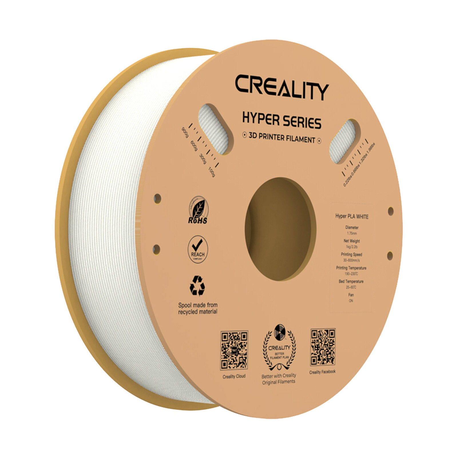 Creality Hyper PLA Filament 1.75mm 1KG(2.2lb) +/-0.03mm 1 Roll White 3D Printing Material Spool Dimensional Stable Extrusion