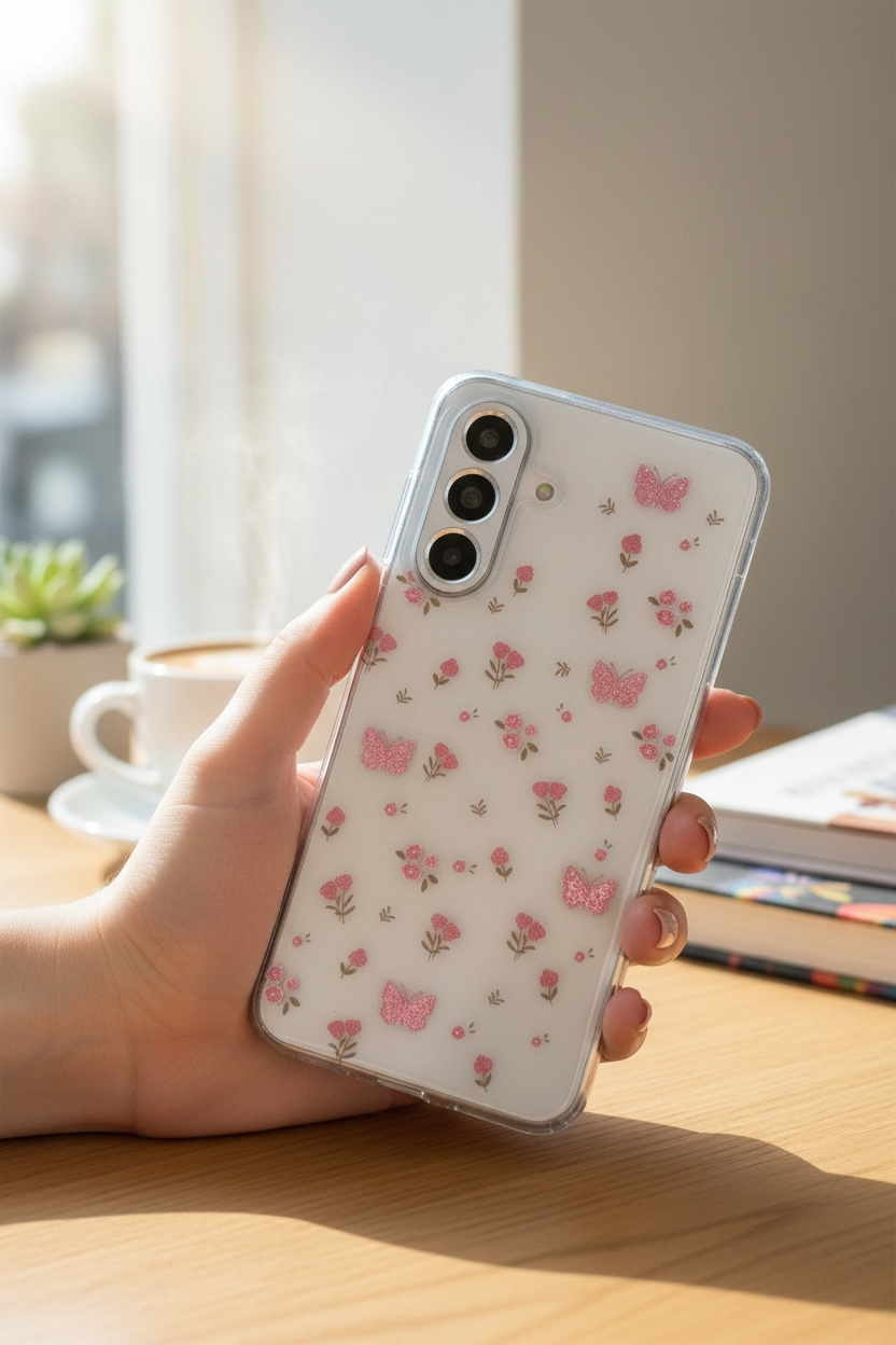 Женский прозрачный чехол для Samsung A17 — цветочный декор с блёстками, премиум TPU