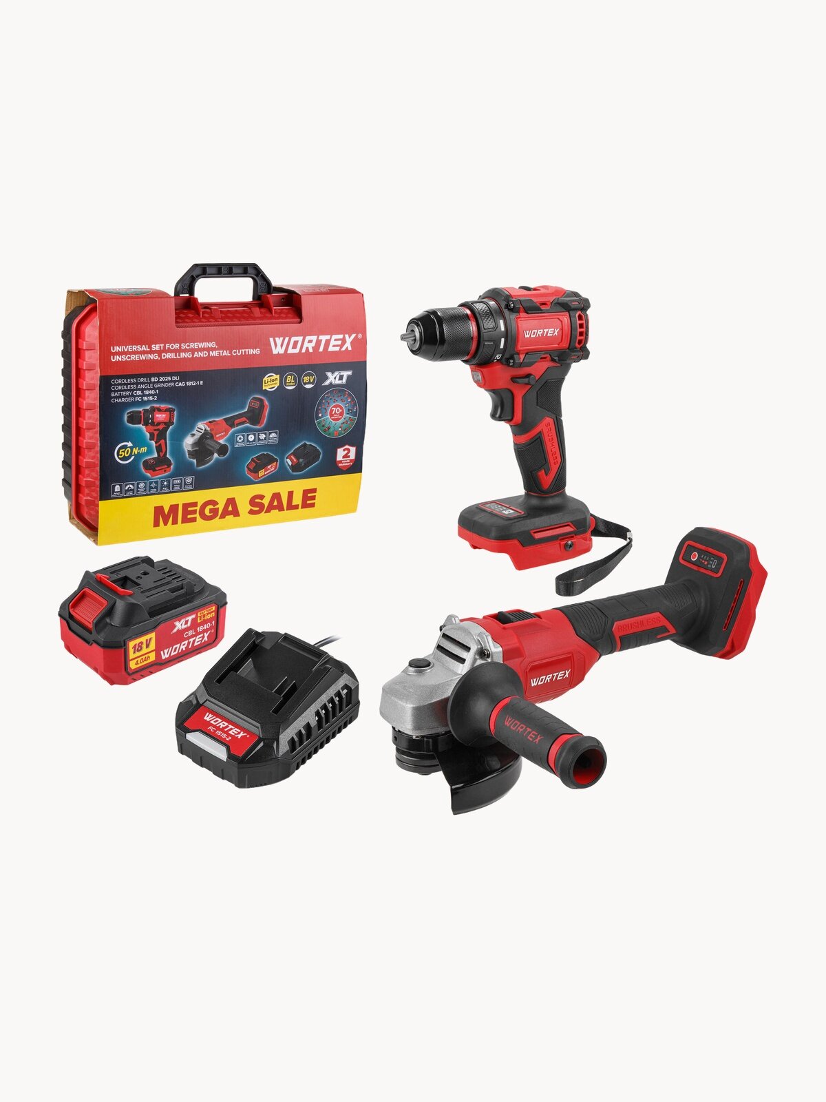 Дрель-шуруповерт аккумуляторная WORTEX BD 2025 DLi и болгарка WORTEX CAG 1812-1 E ALL1 XLT SET (1329850)