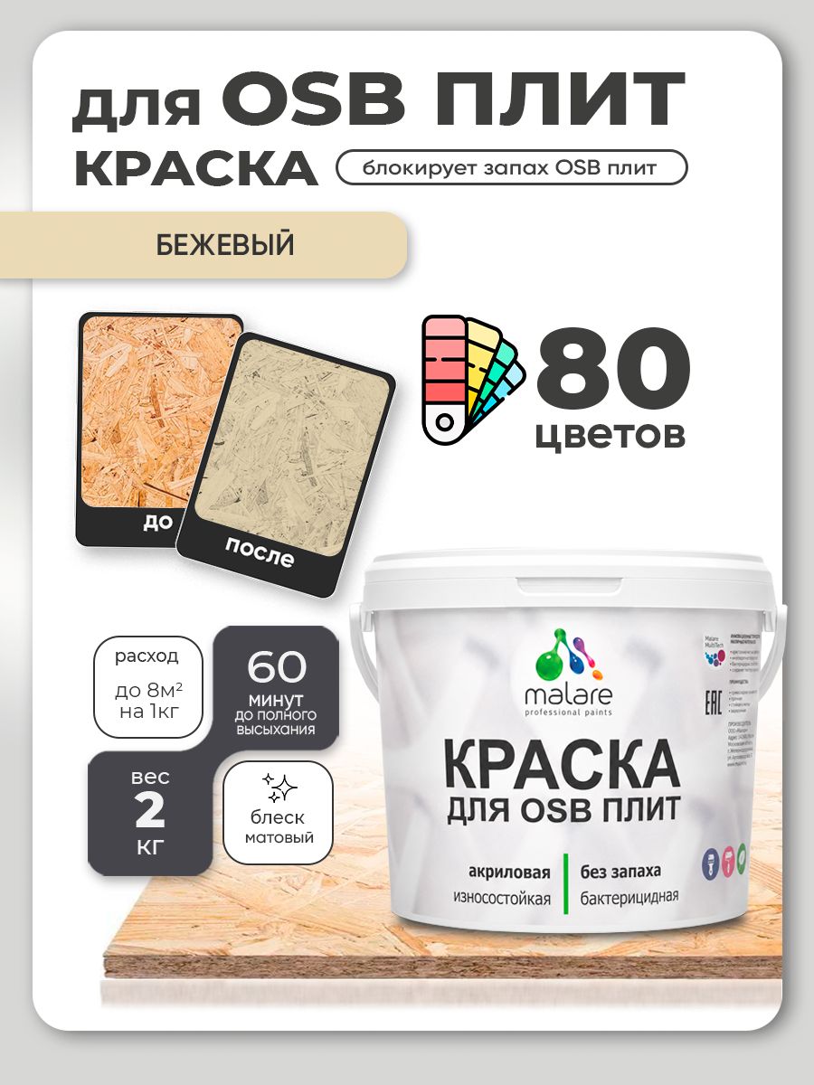 Акриловая краска для ОСБ плит Malare для дерева для наружных и внутренних работ, быстросохнущая без запаха матовая, бежевый, 2 кг
