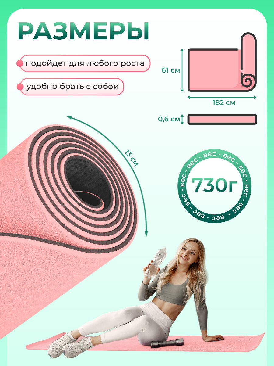 Коврик для фитнеса и йоги, 61х182 см, нескользящий — фото 1