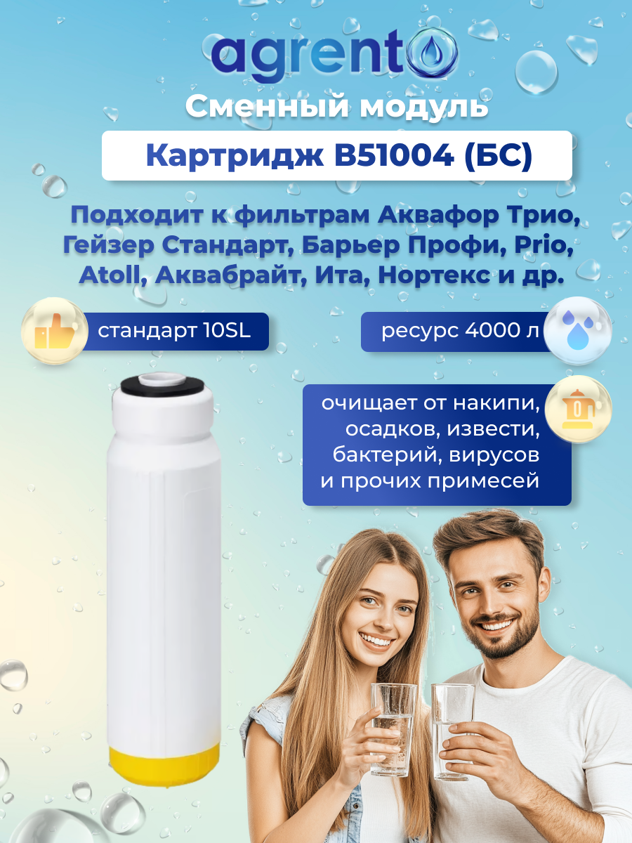Картридж для жесткой воды В51004 (БС) от накипи подходит к фильтрам Аквафор Трио Барьер Профи Гейзер Стандарт и др.