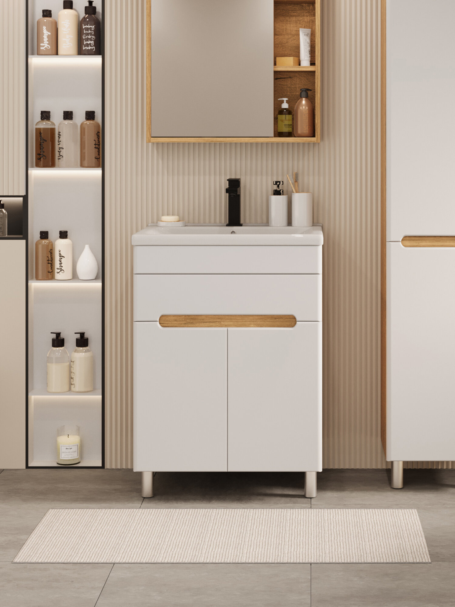 Тумба напольная Vannika Bliss 50 с раковиной Фест 50 для ванной комнаты белая дуб вотан