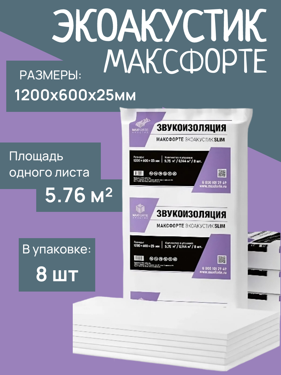 Звукоизоляция для стен и потолка МаксФорте экоакустик Слим 1200х600х25 мм в упаковке 8 плит (5.76 м2)