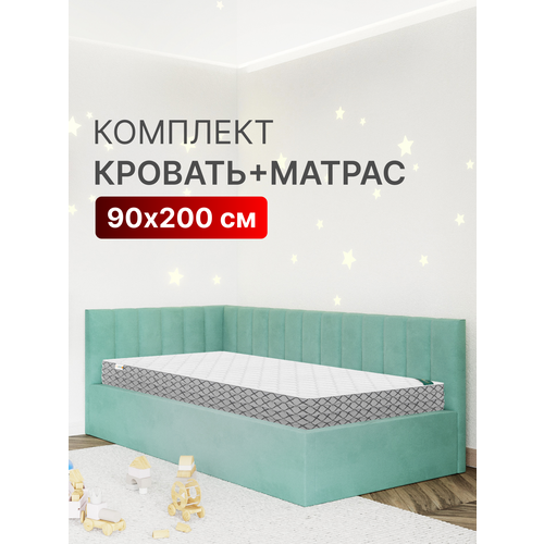 Кровать 90х200 матрас c подъемным механизмом и ящиком для белья Mia велюр мятный 53290₽