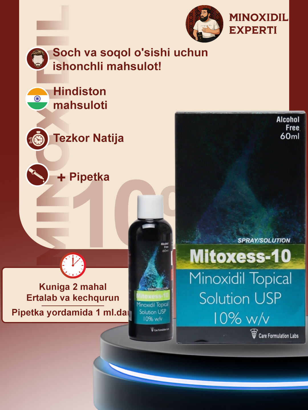 Миноксидил 10% Minoxidil Topical Solution USP 10%, для роста волос и бороды, 60 мл