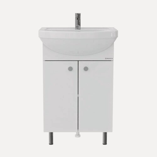 Изображение товара Тумба с раковиной Onika Крит 52.10 напольная, 52 см, белая, глянцевая, из ЛДСП, с дверками, раковина для ванной, фарфоровая, полукруглая, встроенный слив-перелив