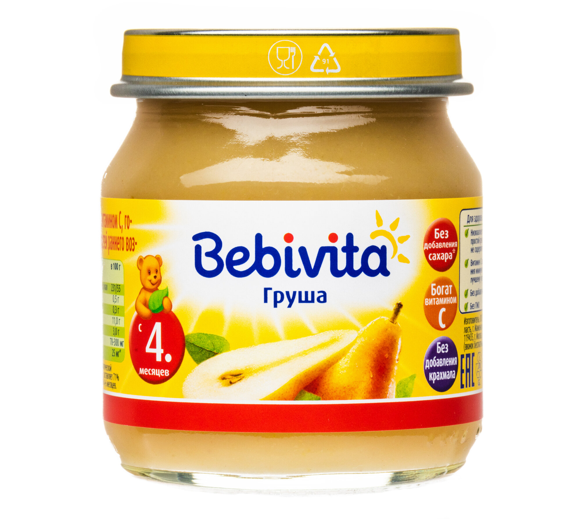 Пюре Bebivita "Груша", для первого прикорма, в стеклянной банке, 100 г