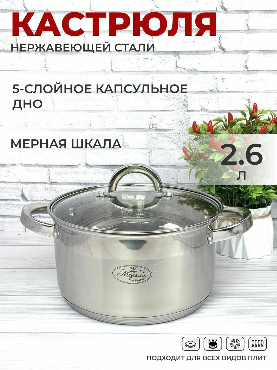 Кастрюля для плиты с крышкой 2,6 л Мерали из нержавеющей стали для всех видов плит