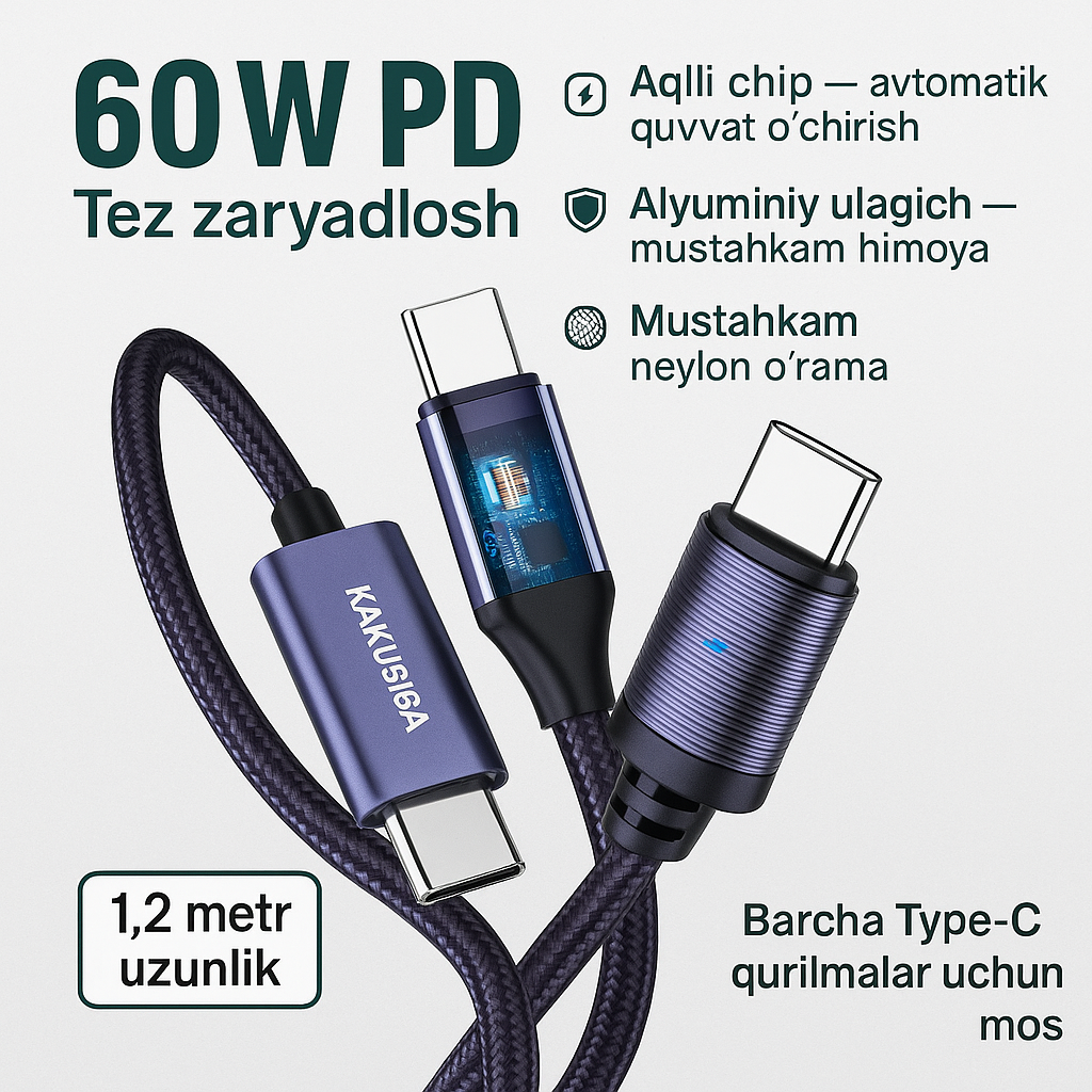 Кабель Kakusiga Type-C — Type-C, 60 Вт — Smart Power Off, 1,2 метра, быстрая зарядка и кабель для передачи данных