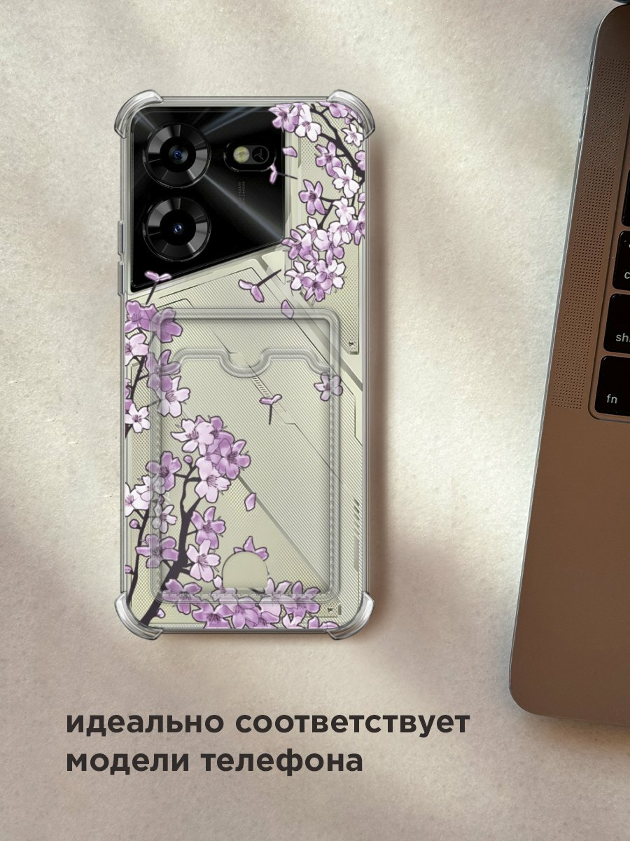 Чехол на Tecno Pova 5 (Техно Пова 5) с картой и принтом "Ветви сакуры сиреневые 1" — фото 1