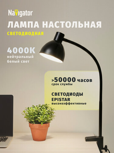 Изображение товара Светильник настольный Navigator 61 405 NDF-C010, 6 Вт, 4000К, на струбцине, чёрный