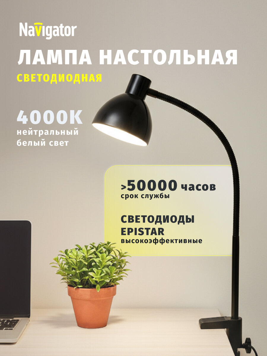 Светильник настольный Navigator 61 405 NDF-C010, 6 Вт, 4000К, на струбцине, чёрный
