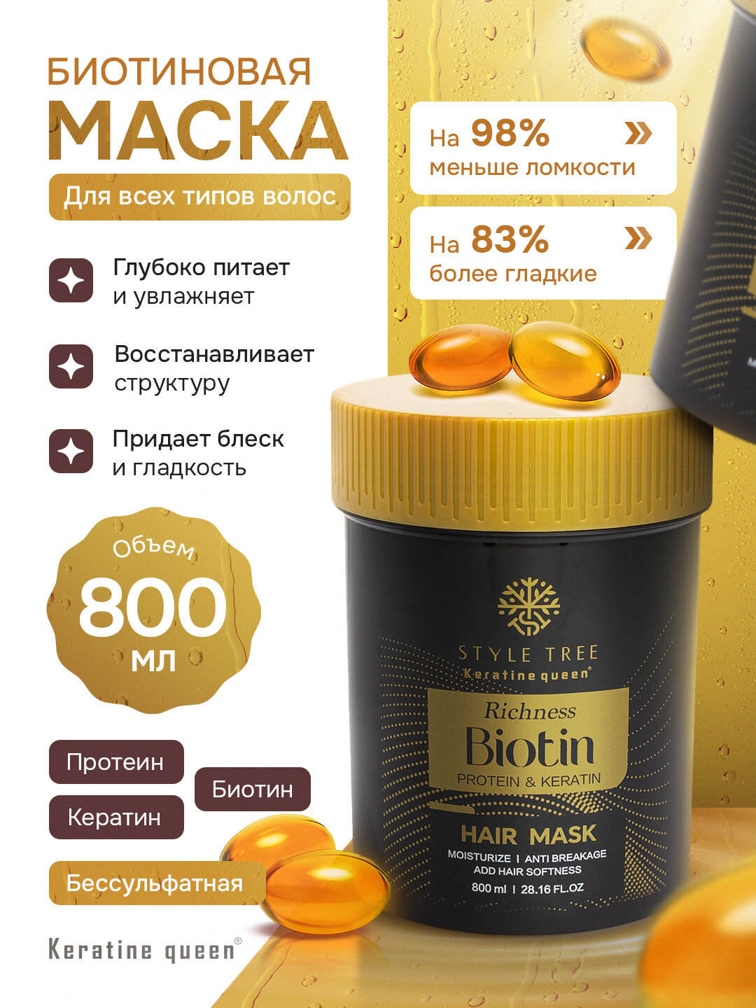 Keratin Queen Маска для волос, 800 мл — без сульфатов, с биотином и кератином