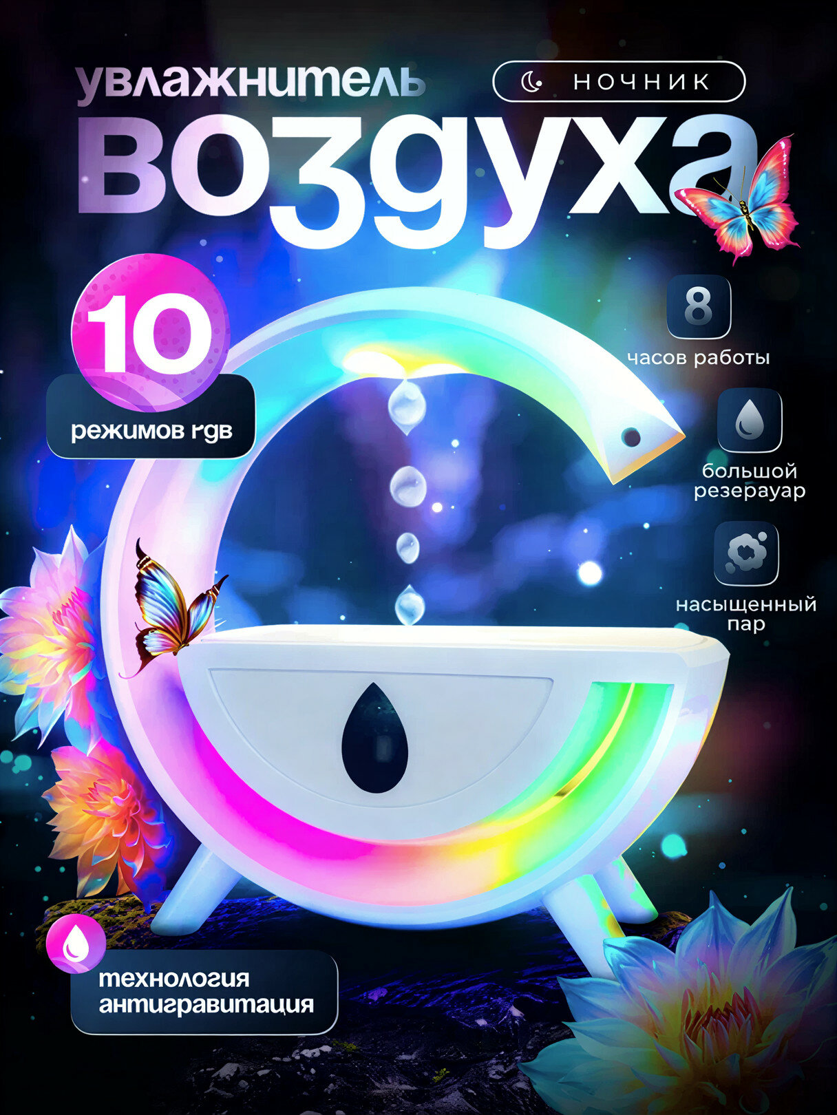 Антигравитационный увлажнитель воздуха Anti-Gravity с эффектом парящих капель и подсветкой.