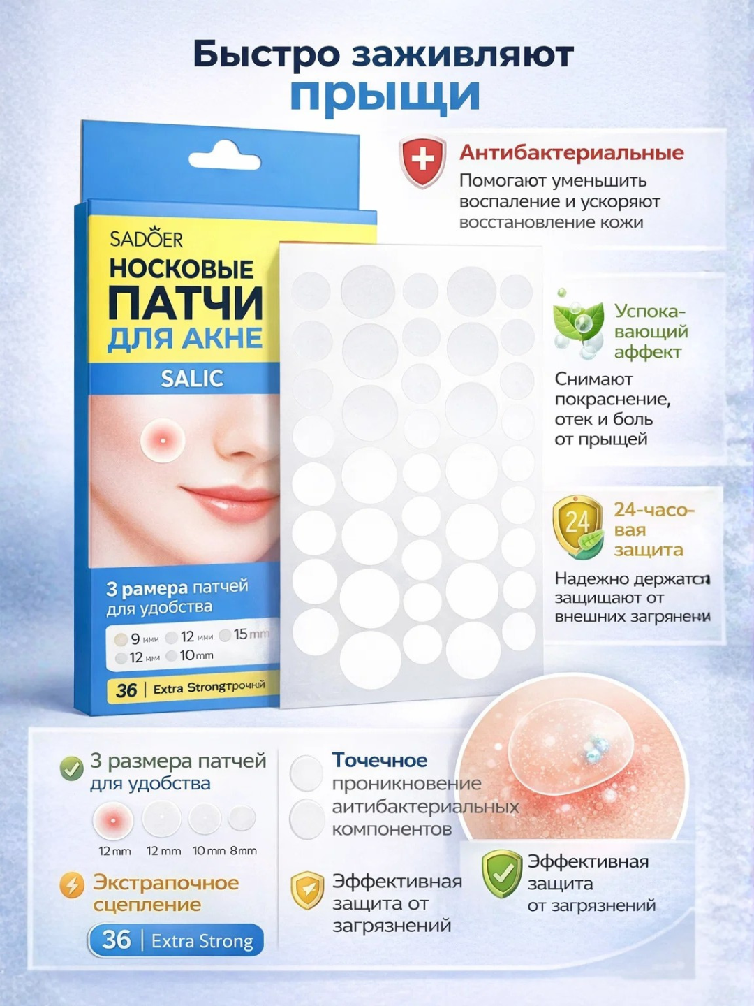 Пластыри от акне (прыщей) SADOER Acne Repair Acne Patch, с салициловой кислотой