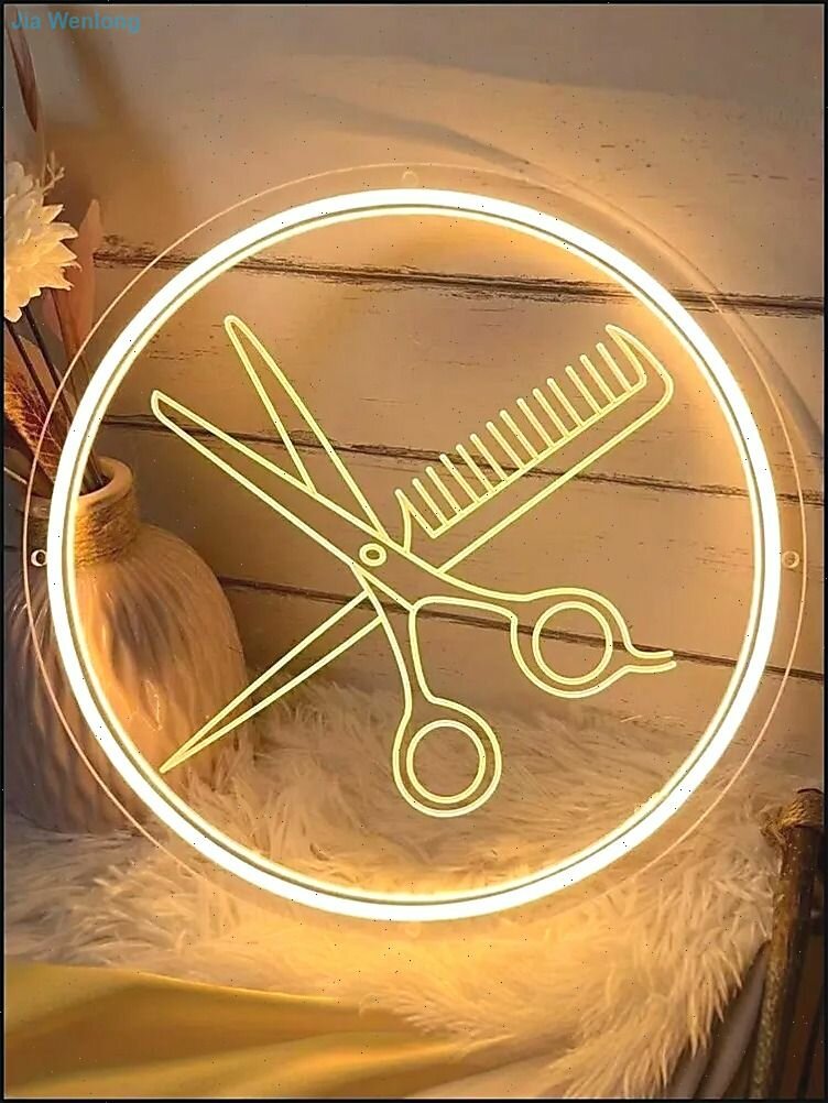 USB-питание Неоновая вывеска "Salon" с ножницами 30x30 см для парикмахерской, салона красоты, LED подсветка стен, влагостойкий акрил + цепь для подвеса