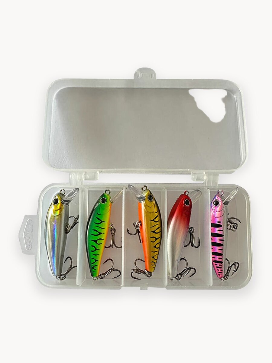 Набор воблеров минноу, 5шт, 55мм, 4.6г, с шумовыми камерами в кейсе /воблер на щуку /на хищника