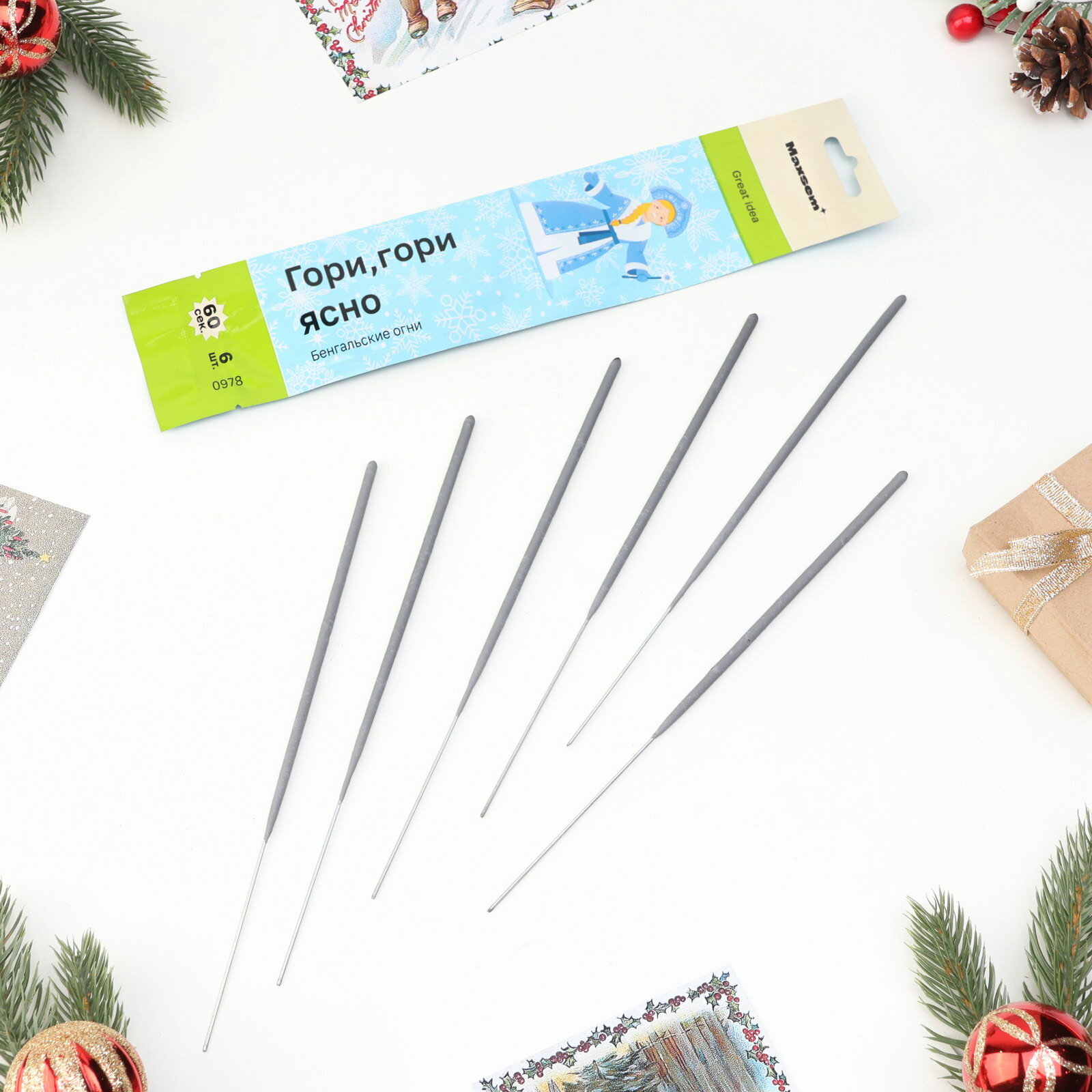 Бенгальские огни золотые, 6 шт, 25 см, горение 60 сек, тематика праздника: новый год